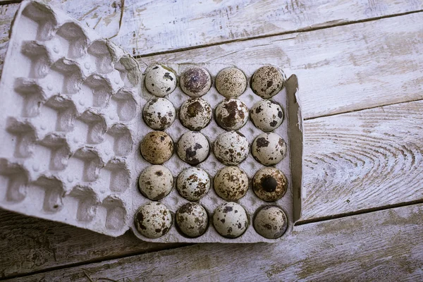 Ovos de codorna em um fundo de madeira — Fotografia de Stock