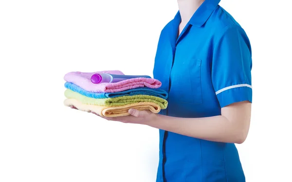 Terry towels, girl with a clean towel — Stock Fotó