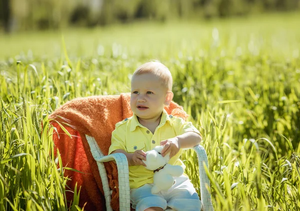 Little boy on the lawn, a child for a walk outdoors — Zdjęcie stockowe