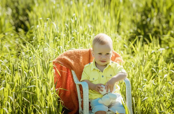 Niño pequeño en el césped, un niño para un paseo al aire libre —  Fotos de Stock