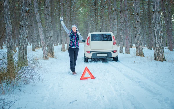 Téli út. lány, egy figyelmeztető háromszög, téli úton — Stock Fotó