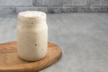 Ev yapımı ekmek ya da pizza için cam kavanozda taze buğday ekmeği ve mayalı ekmek..