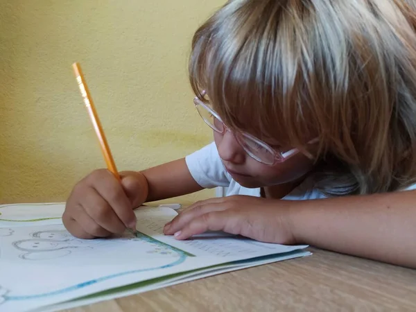 Een Meisje Van Zes Zeven Tekent Een Boek Het Kind — Stockfoto