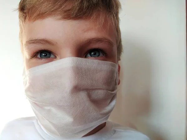 Masked Child Face Year Old Boy Protective White Surgical Mask — Stock Photo, Image