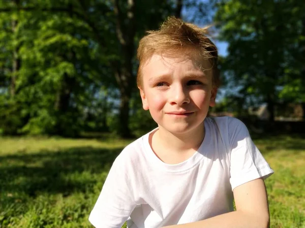 Blond Boy Years Old White Shirt Background Forest Child Looks —  Fotos de Stock