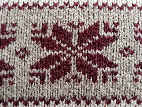 Knitted Patterns Snowflakes Flowers Broken Stripes Burgundy Red White Woolen — Stock Photo, Image