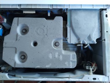 Çamaşır makinesinin içinde. Davul, santrifüj ve ev aletleri parçaları. Çamaşır makinesi örtüsü kaldırıldı. Plastik ve metal parçalar, lastik hortumlar. Ustanın parmak izleri..