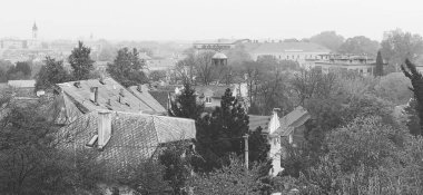 Sırbistan Cumhuriyeti 'nin Belgrad kentindeki kilise kulesiyle Zemun' un panoramik manzarası. Siyah ve beyaz tek renkli görüntü.