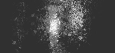 Kabartmalı cam arka plan. Oluklu cam monokrom. Engebeli şeffaf bir yüzeyde ışık kırılması. Beyaz ve gri röflelerin oyunu. Siyah bölgeler. Soyut arkaplan.