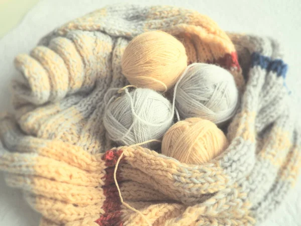 Knitting Scarf Sweater Gray Beige Orange Yarns Balls Woolen Acrylic — Stock Photo, Image