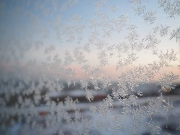 窗上的冰图案 漂亮的卷发和玻璃上的水晶 窗外有蓝色的冬日的天空 雪和一条城市街道 新年及圣诞动机 — 图库照片