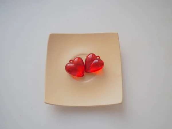 Valentine Hearts Red Transparent Plastic Earrings White Square Plate White — Stock Photo, Image