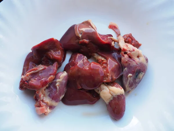 Fígado Cru Frango Rins Coração Tripas Miudezas Aves Preparadas Para — Fotografia de Stock