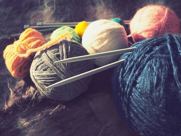 Knitting Scarf Sweater Gray Blue White Orange Yarns Hanks Woolen — Stock Photo, Image