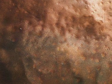 Metal bronz kaplama. Bronz ya da bakır cilalı yüzeyde göçükler, çizikler ve çukurlar var. Metal doku.