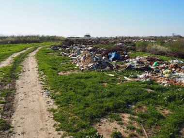 Köyün yakınındaki çöplükte. Karmaşık gayri resmi çöplük. Plastik, torbalar, kağıt, cam, biyolojik atık. Toprağın yanındaki yeşil çimenler. Ekolojik felaket Sremska Mitrovica, Chalma, Sırbistan, 5 Nisan 2021.