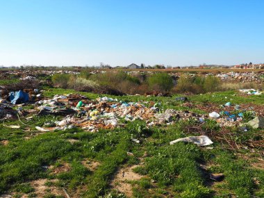 Köyün yakınındaki çöplükte. Karmaşık gayri resmi çöplük. Plastik, torbalar, kağıt, cam, biyolojik atık. Toprağın yanındaki yeşil çimenler. Ekolojik felaket Sremska Mitrovica, Chalma, Sırbistan, 5 Nisan 2021.