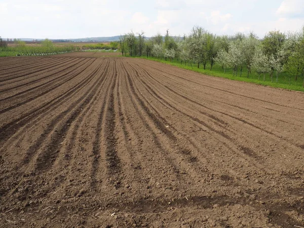 Paisaje Con Tierras Agrícolas Aradas Preparado Para Cosecha Paisaje Agrícola — Foto de Stock