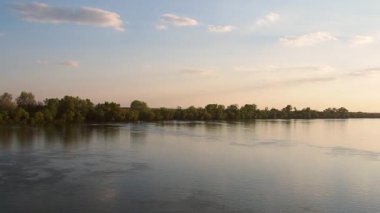 Sava Nehri, Sırbistan ve Sremska Mitrovica 'da su akışı. Suyun yüzeyinde serinleyin. Fotoğrafçılık için altın saat. Ormanlı sahil. Güzel manzara. Balkan Yarımadası 'nın doğası