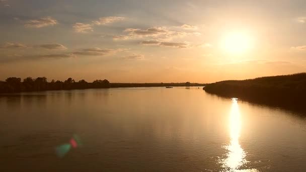 Pôr do sol no rio Sava, Sérvia, Sremska Mitrovica. O sol está a brilhar. Caminho ensolarado na superfície da água. A hora de ouro. Costa com floresta. Bela paisagem. A natureza dos Balcãs — Vídeo de Stock