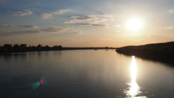Solnedgång vid floden Sava, Serbien, Sremska Mitrovica. Solen skiner. Solig stig på vattenytan. Den gyllene timmen. Kust med skog. Vackert landskap. Balkanområdets karaktär — Stockvideo