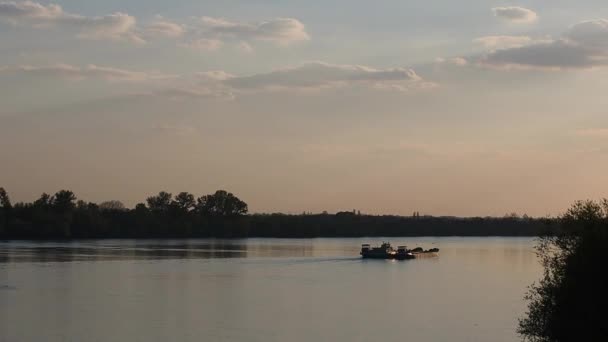 Las barcazas o barcos van con el flujo. Flujo de agua en el río Sava, Serbia, Srem. Se enfría en la superficie del agua. La hora dorada para la fotografía. Hermoso paisaje. La naturaleza de los Balcanes. — Vídeos de Stock