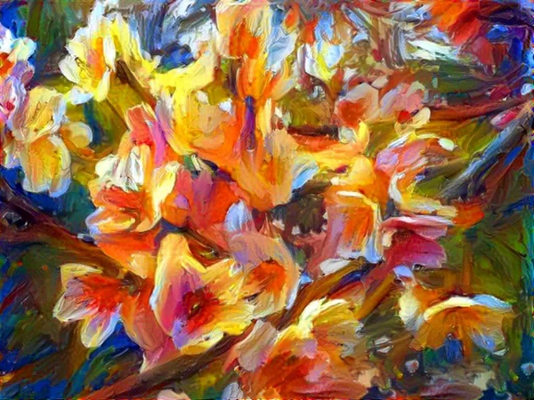 Beautiful hand-drawn bouquet of spring flowers of orange, yellow, pink, magenta, red. Bright summer postcard. Many flowers. Vigorous flowering with multi-colored petals.