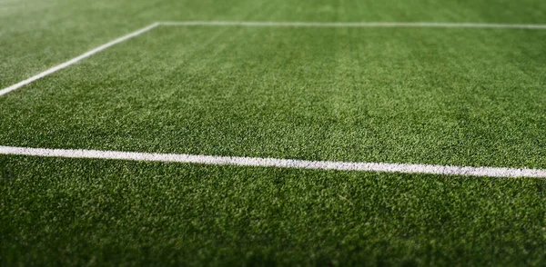 Fotbollsplan För Mästerskap Märkningen Fotbollsplanen Det Gröna Gräset Vita Linjer — Stockfoto