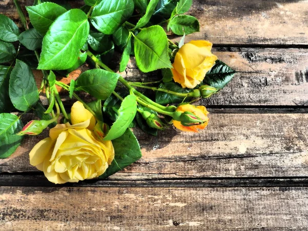 木制背景上的黄色玫瑰 美丽的一束3朵玫瑰在黑暗的木制桌子上 3月8日母亲节或情人节贺卡 — 图库照片
