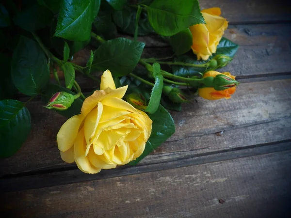Rosas Amarillas Sobre Fondo Madera Hermoso Ramo Rosas Sobre Una — Foto de Stock