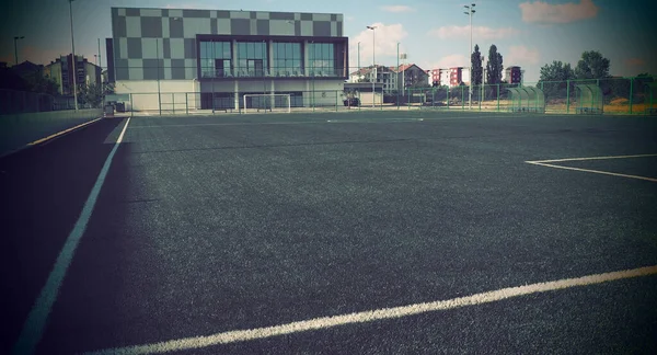Fußballplatz Mit Markierungen Fußballstadion Sportlicher Hintergrund Sportzentrum Der Stadt Vintage — Stockfoto