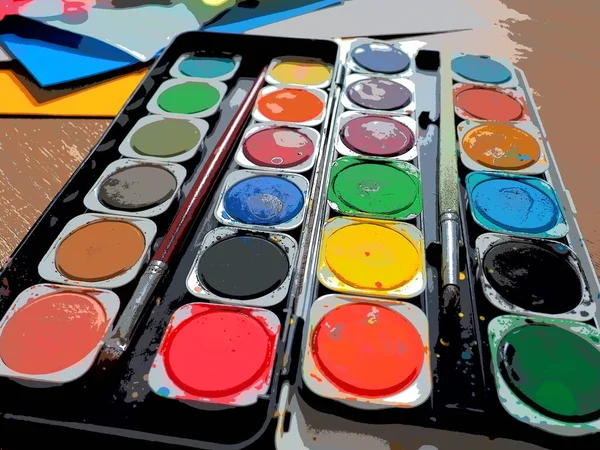 Набор Акварелей Разных Цветов Рисования Разноцветные Круглые Контейнеры Яркой Краской — стоковое фото