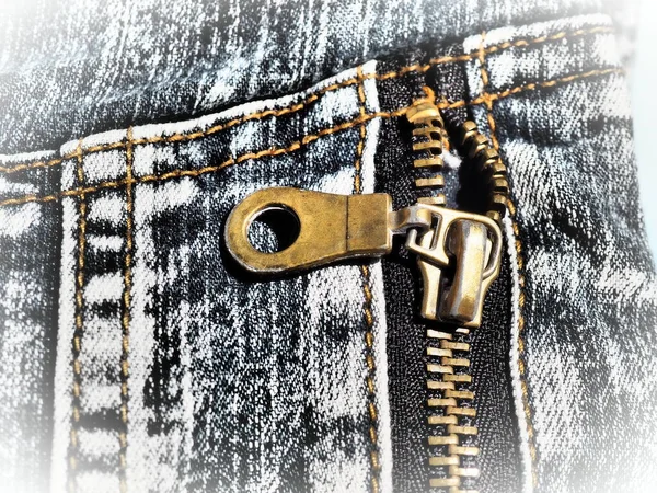 Close Denim Seams Locks Heavily Shabby Worn Jeans Metal Bronze — Stock Photo, Image