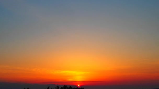 Gabbiano uccello vola attraverso il cielo all'alba. Alba giallo-arancio e la salita del sole sul lago Onega in estate. Alba e sollevamento del disco solare dalle nuvole — Video Stock