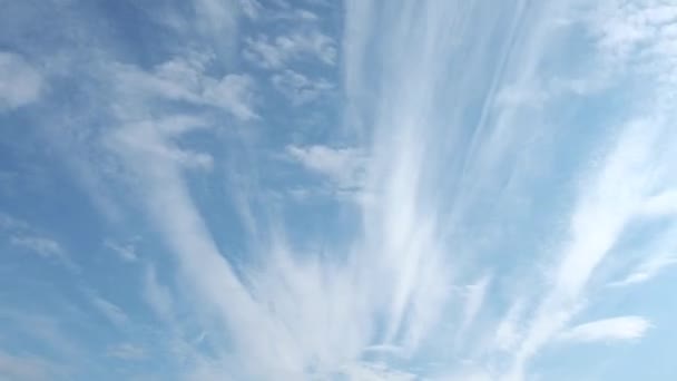 Die Zeit drängt. Schnelle Wolken vor blauem Himmel. Zwei Schichten Trübung. Cumuluswolken bewegen sich im Wind immer schneller. Hohe glitzernde Wolken fliegen langsamer. Tagsüber. Thema Meteorologie. — Stockvideo