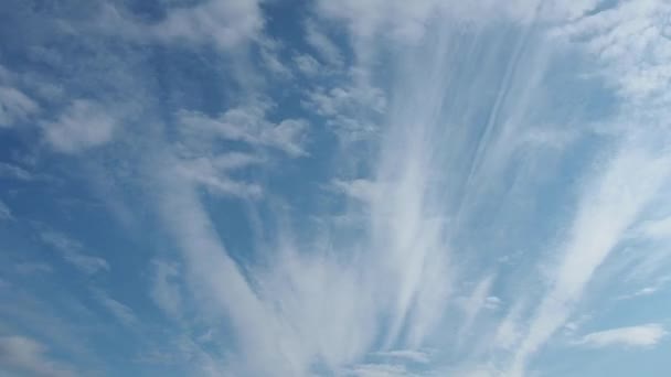 Időkörök. Gyorsan mozgó felhők a kék ég ellen. Két réteg felhősség. A kumulus felhők egyre lejjebb és gyorsabban mozognak a szélben. A magas felhők lassabban repülnek. Napközben. Meteorológiai téma. — Stock videók