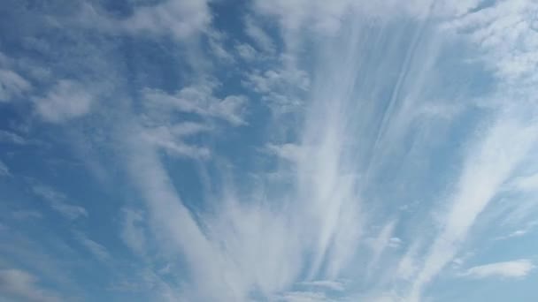 El tiempo pasa. Nubes de movimiento rápido contra un cielo azul. Dos capas de nubosidad. Las nubes cúmulos se mueven más y más rápido en el viento. Las nubes cimbladas altas vuelan más lento. Durante el día. Meteorología tema. — Vídeo de stock