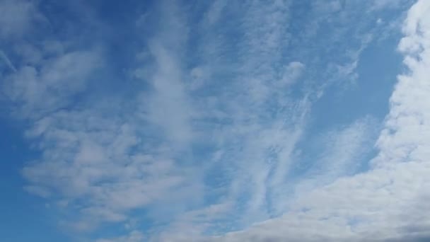 Waktu berjalan. Awan bergerak cepat melawan langit biru. Dua lapisan keruh. Awan Cumulus bergerak lebih rendah dan lebih cepat dalam angin. Awan tinggi yang berderak terbang lambat. Siang hari. Topik meteorologi — Stok Video