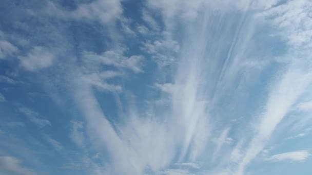 Czas ucieka. Szybko poruszające się chmury na tle błękitnego nieba. Dwie warstwy zmętnienia. Cumulus chmury poruszają się niżej i szybciej na wietrze. Wysokie, cytujące chmury latają wolniej. Za dnia. Temat meteorologiczny — Wideo stockowe