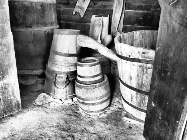 Wooden Barrels Tubs Barn Household Old Utensils Farming Double Retro — Stock Photo, Image