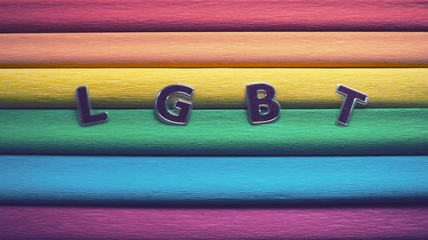 Abreviatura LGBT, texto da carta. Letras LGBT roxas no fundo da bandeira do arco-íris. Uma bandeira do arco-íris, a bandeira do orgulho. Símbolo comunitário LGBTQ. EuroPride 2022. Retro vintage foto — Fotografia de Stock