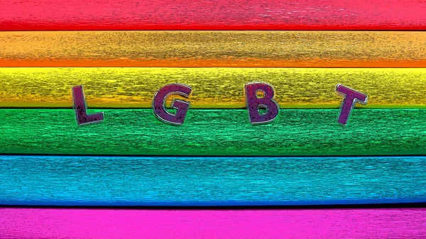 LGBT缩写，字母文本。紫色LGBT字母在彩虹旗的背景上。彩虹旗，骄傲旗。LGBTQ社区标志。EuroPride 2022, Stylized illustration — 图库照片