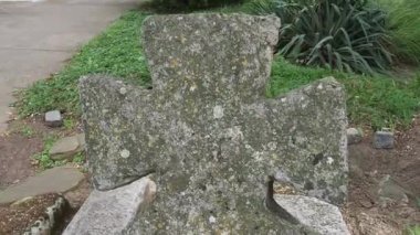 Yazın öğleden sonra mezarlıkta eski bir taş haç. Cadılar Bayramı teması. Sremska Mitrovica, Sırbistan. Eski yosunlu haç mezar taşı. Ürkütücü, gizemli bir yer. Söğüt sallanıyor. Yukarıdan görüntüle