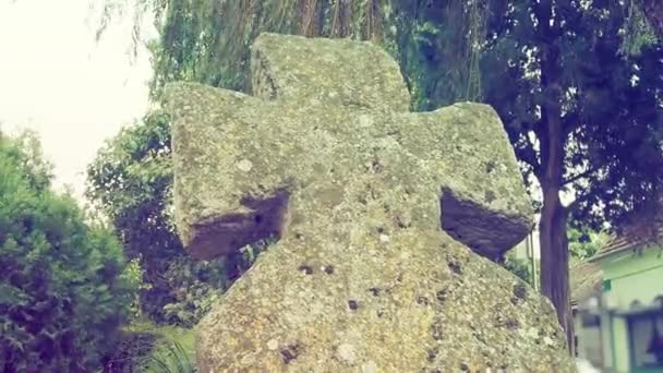 Vecchia croce di pietra nel cimitero durante la giornata estiva. Sfondo annebbiato appannato. Tema di Halloween. Vecchia lapide muschiata della Croce. Posto misterioso e inquietante. Il salice ondeggia. Stile retrò e vintage. — Video Stock