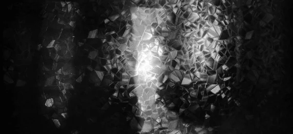 Fondo de vidrio en relieve. Monocromo de vidrio corrugado. Refracción de la luz en una superficie transparente lleno de baches bajo la luz de fondo. El juego de luces blancas y grises. Zonas negras. Fondo abstracto — Foto de Stock