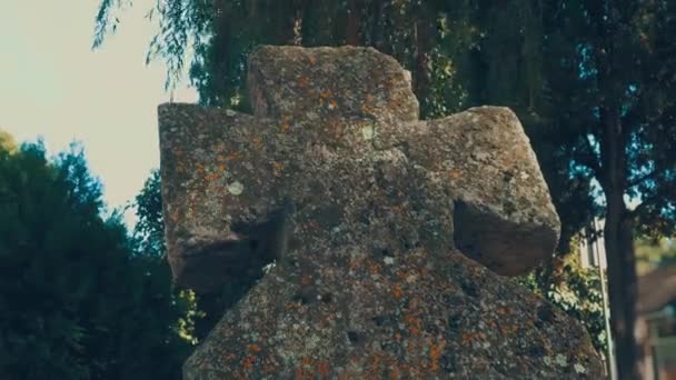 Velha cruz de pedra no cemitério à tarde no verão. Tema de Halloween. Sremska Mitrovica, Sérvia. A velha lápide de Mossy Cross. Um lugar misterioso e misterioso. A Willow balança. Noite no cemitério — Vídeo de Stock