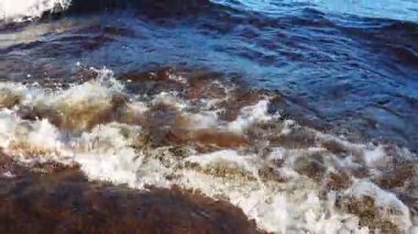 Dalgalar Onego Gölü 'nün kumlu sahillerinde yavaşça kırılır, Karelia' nın huzurlu güzelliği. Güneş ışığı, huzurlu bir atmosferi canlandırır. Rahatlamak için mükemmel bir gün. Yüksek demir içerikli karanlık su, uzak duran kum..