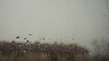 Yağmur damlaları pencereden aşağı akarak dışarıdaki huzurlu manzarayı bulanıklaştırıyor. Bu erken akşam yağmuru çevreye bir sükunet hissi getiriyor. Dramatik gökyüzü.