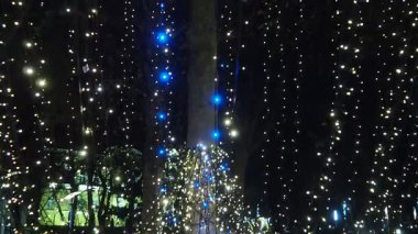 Muhteşem bir Noel ağacı açık havada duruyor, dalları parlak çelenkler ve süslemelerle süslenmiş. Yanıp sönen ışıklar bayramlarda neşeli ve büyülü bir ortam yaratır. Mutlu yıllar xmas.