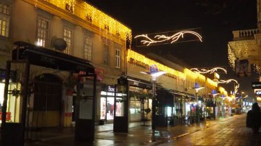 Sırbistan 'ın Sremska Mitrovica kenti, 26 Aralık 2025: Dükkanlar, kafeler, çelenkler, süslemelerle dolu gece sokağının arka planında sürüklenen kar taneleri. Noel ve yeni yıl ruhu. Parlak mağaza pencereleri